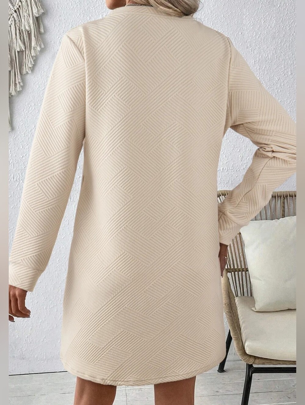 Tan Round Neck Textured Mini Dress - Picture 2 of 9